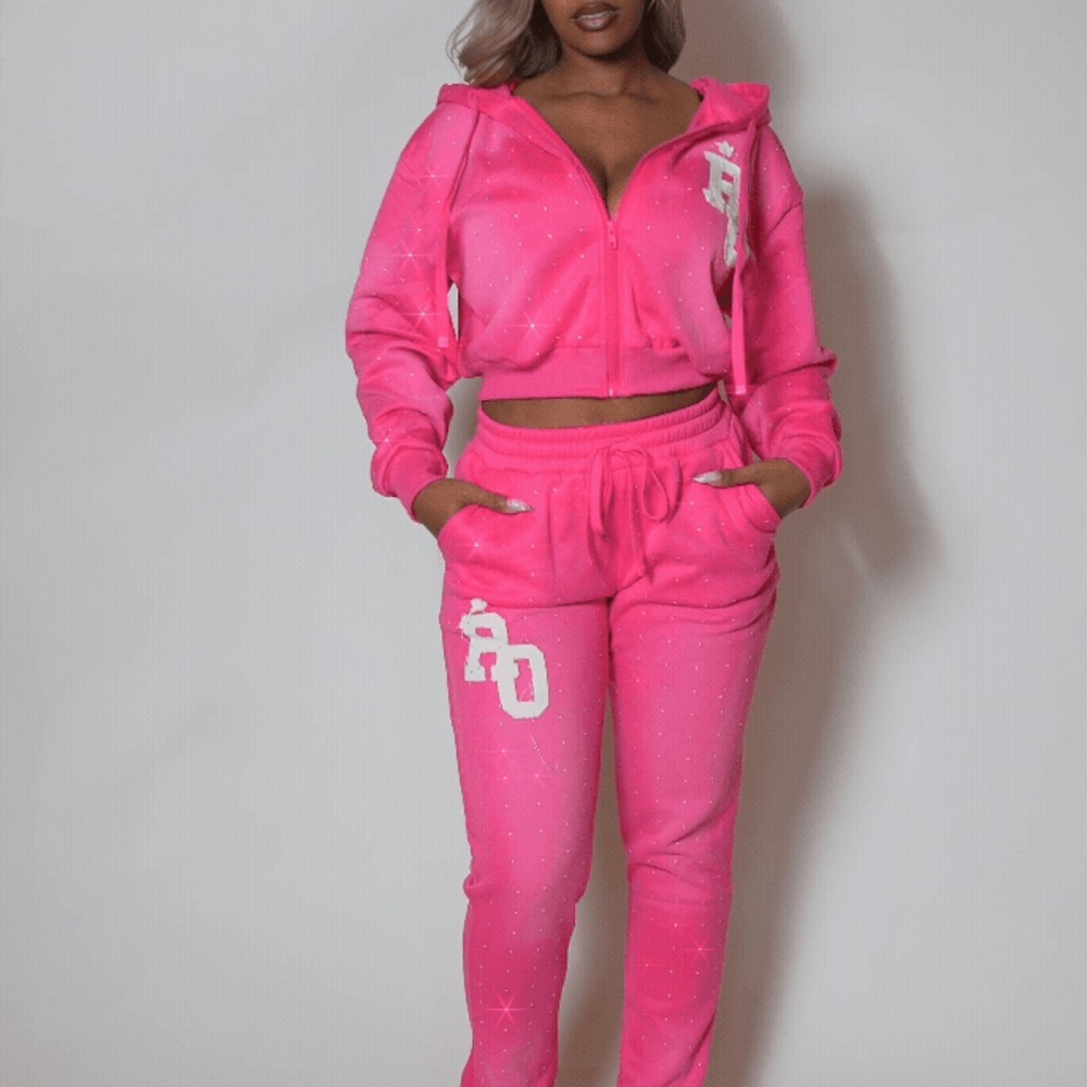 Rockstar Vibrant Pink Women's Rhinestone Stacked Track Set
